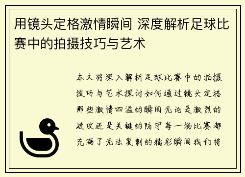 用镜头定格激情瞬间 深度解析足球比赛中的拍摄技巧与艺术