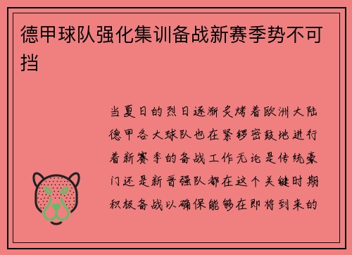 德甲球队强化集训备战新赛季势不可挡