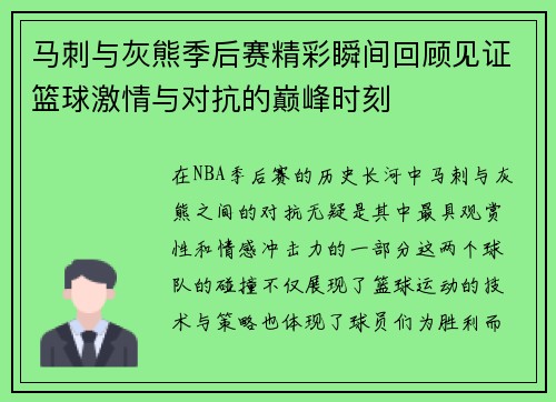 马刺与灰熊季后赛精彩瞬间回顾见证篮球激情与对抗的巅峰时刻
