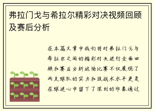 弗拉门戈与希拉尔精彩对决视频回顾及赛后分析