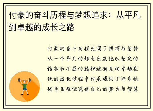 付豪的奋斗历程与梦想追求：从平凡到卓越的成长之路