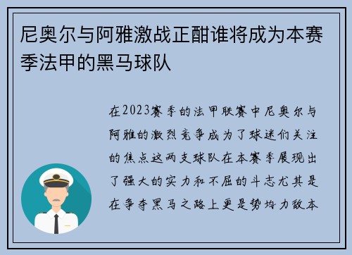 尼奥尔与阿雅激战正酣谁将成为本赛季法甲的黑马球队