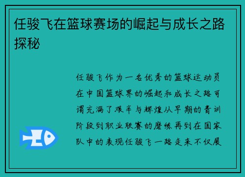 任骏飞在篮球赛场的崛起与成长之路探秘