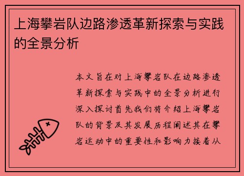 上海攀岩队边路渗透革新探索与实践的全景分析